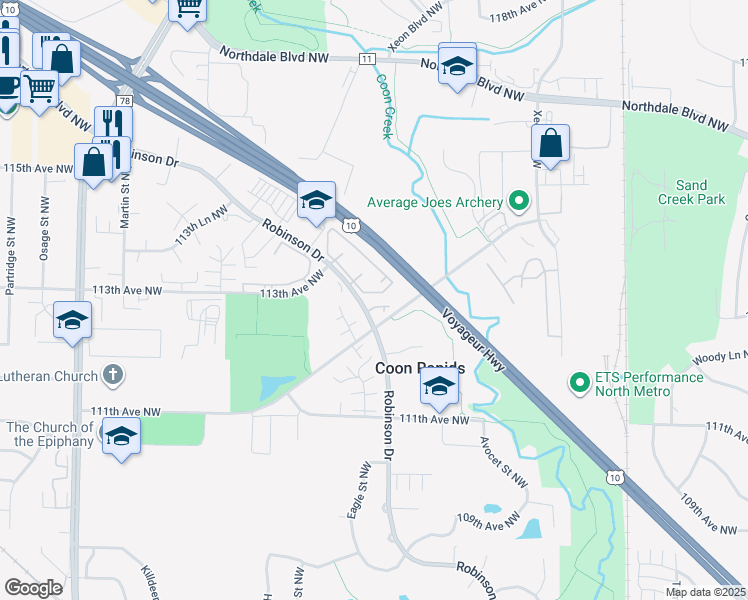 map of restaurants, bars, coffee shops, grocery stores, and more near 11267 Robinson Drive in Coon Rapids
