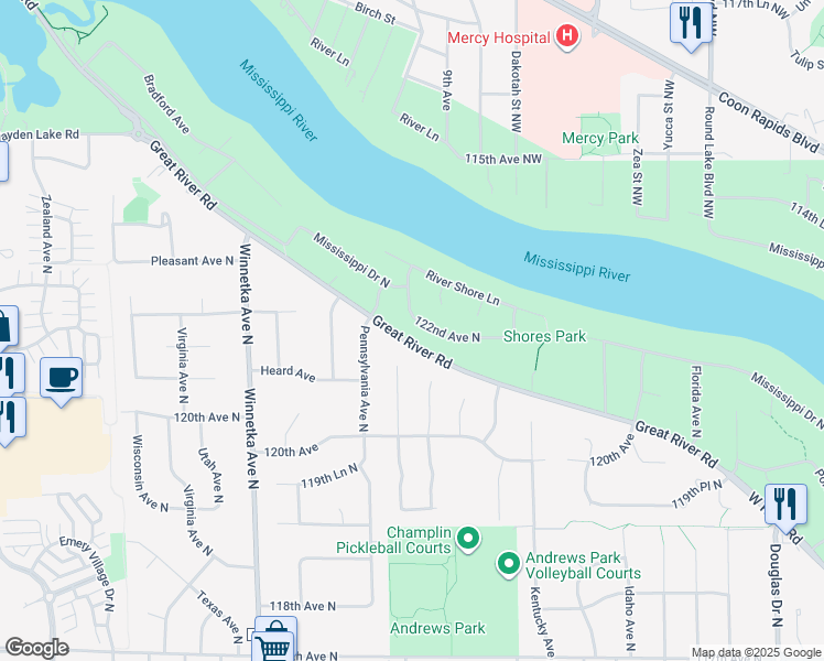 map of restaurants, bars, coffee shops, grocery stores, and more near 7401 122nd Avenue North in Champlin