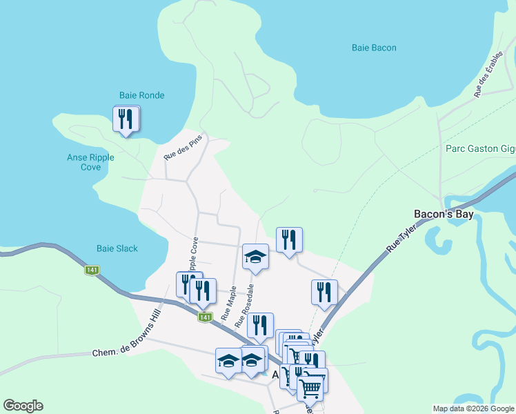map of restaurants, bars, coffee shops, grocery stores, and more near 265 Rue Rosedale in Ayer's Cliff