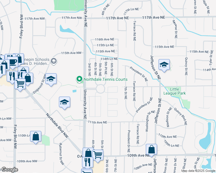 map of restaurants, bars, coffee shops, grocery stores, and more near 113 113th Square Northeast in Blaine
