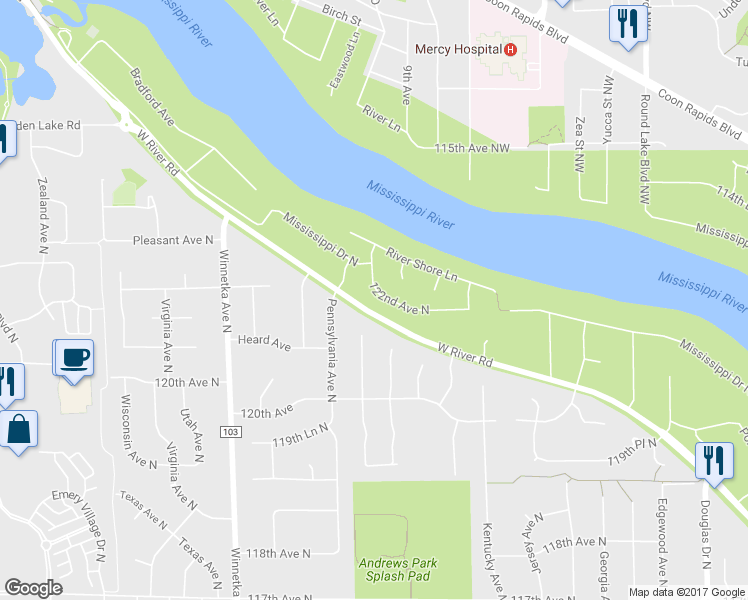 map of restaurants, bars, coffee shops, grocery stores, and more near 7401 122nd Avenue North in Champlin