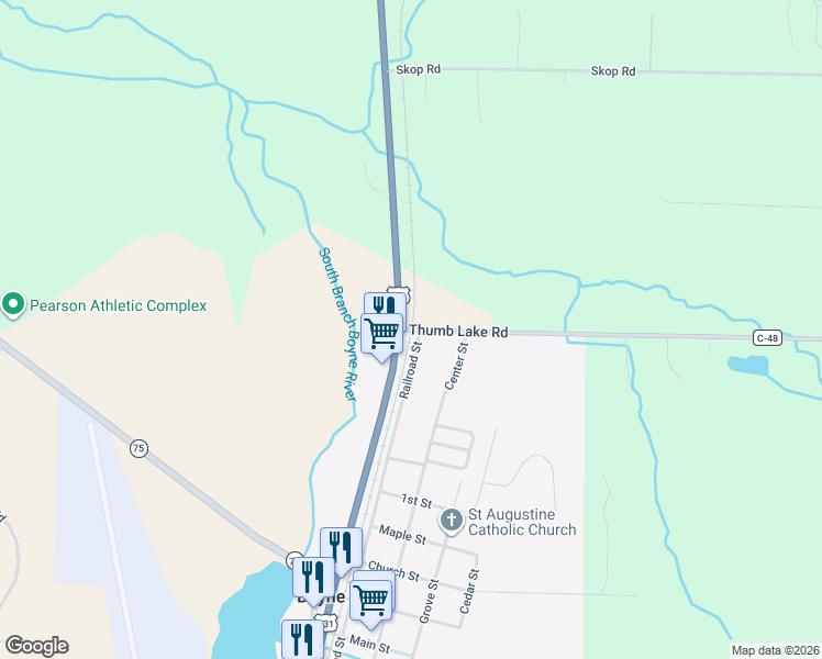 map of restaurants, bars, coffee shops, grocery stores, and more near 3151 Thumb Lake Road in Boyne Falls