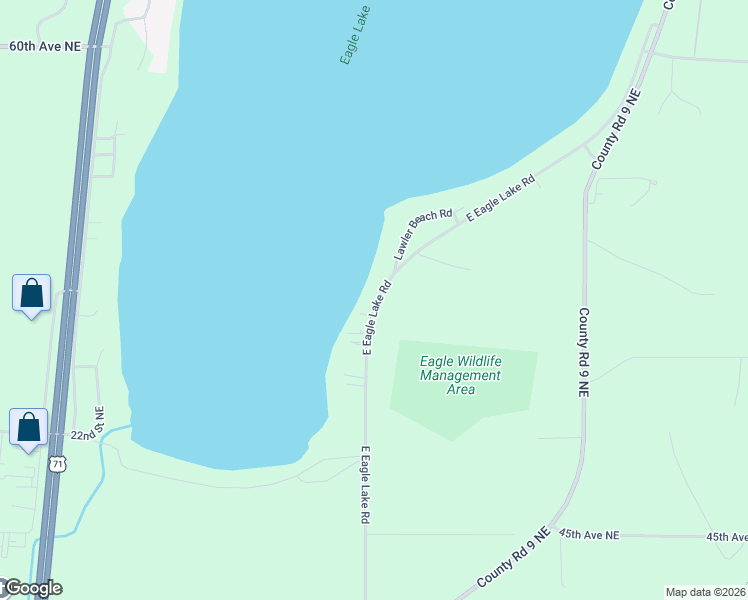 map of restaurants, bars, coffee shops, grocery stores, and more near 5146 East Eagle Lake Road in Willmar