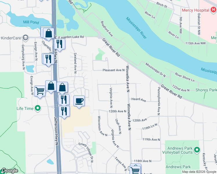 map of restaurants, bars, coffee shops, grocery stores, and more near 820 Ludwig Avenue North in Champlin