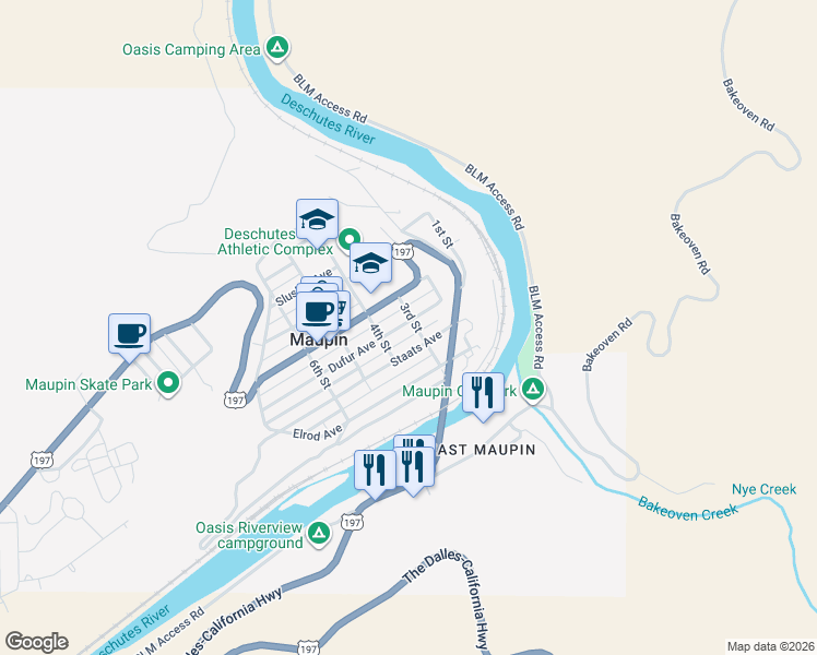 map of restaurants, bars, coffee shops, grocery stores, and more near 301 Dufur Avenue in Maupin