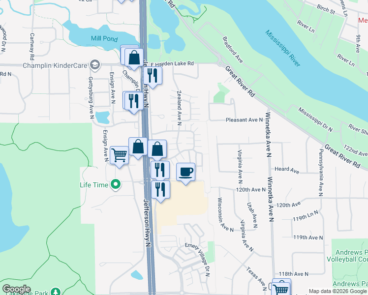 map of restaurants, bars, coffee shops, grocery stores, and more near 8474 121st Avenue North in Champlin