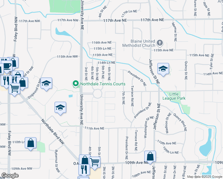 map of restaurants, bars, coffee shops, grocery stores, and more near 113 113th Square Northeast in Blaine