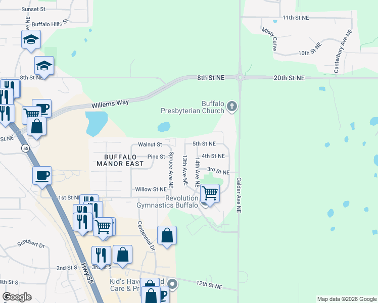 map of restaurants, bars, coffee shops, grocery stores, and more near 400 13th Avenue Northeast in Buffalo