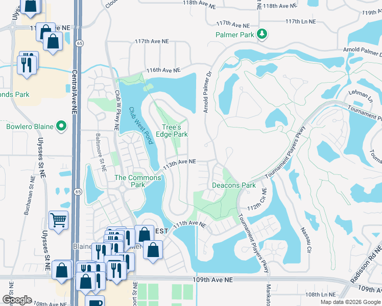 map of restaurants, bars, coffee shops, grocery stores, and more near 11317 Hastings Street Northeast in Blaine