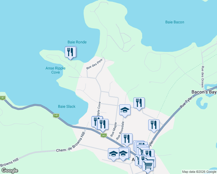 map of restaurants, bars, coffee shops, grocery stores, and more near 115 Rue Scott in Ayer's Cliff
