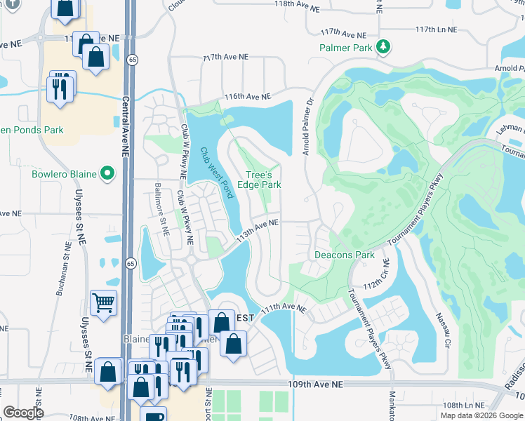 map of restaurants, bars, coffee shops, grocery stores, and more near 1725 113th Lane Northeast in Minneapolis