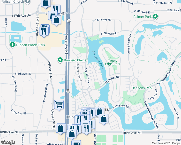 map of restaurants, bars, coffee shops, grocery stores, and more near 11378 Eldorado Street Northeast in Blaine