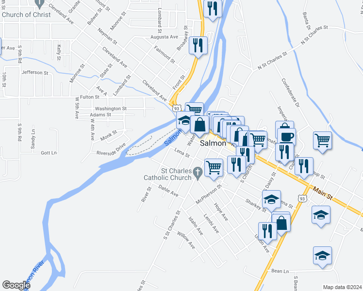 map of restaurants, bars, coffee shops, grocery stores, and more near Water Street in Salmon
