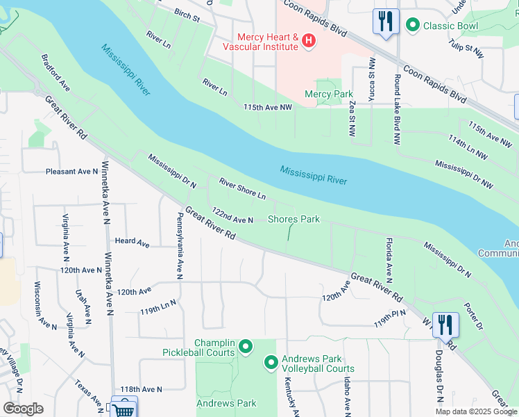 map of restaurants, bars, coffee shops, grocery stores, and more near 12201 Maryland Circle North in Champlin