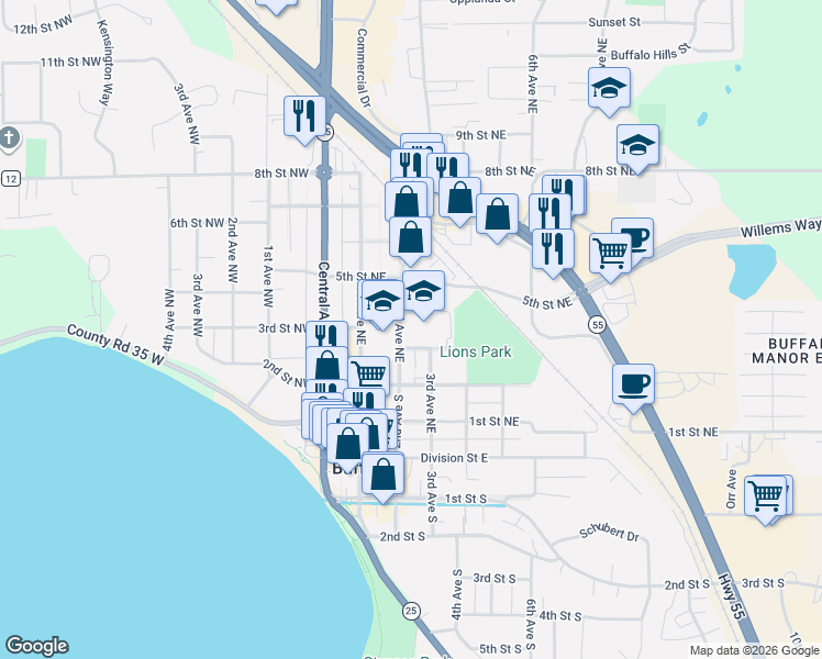 map of restaurants, bars, coffee shops, grocery stores, and more near 301 2nd Avenue Northeast in Buffalo