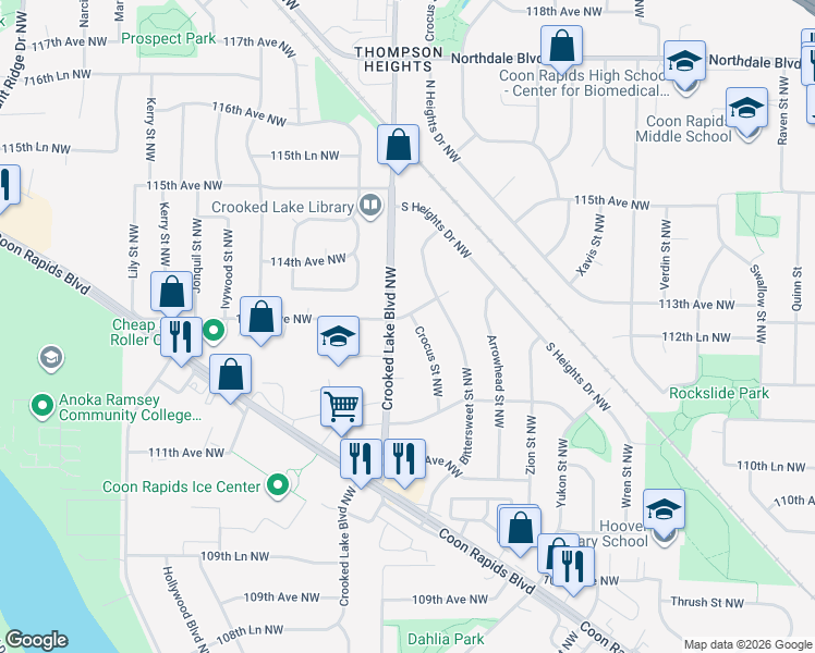 map of restaurants, bars, coffee shops, grocery stores, and more near 11256 Crocus Street Northwest in Coon Rapids