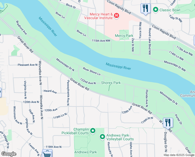 map of restaurants, bars, coffee shops, grocery stores, and more near 12201 Maryland Circle North in Champlin