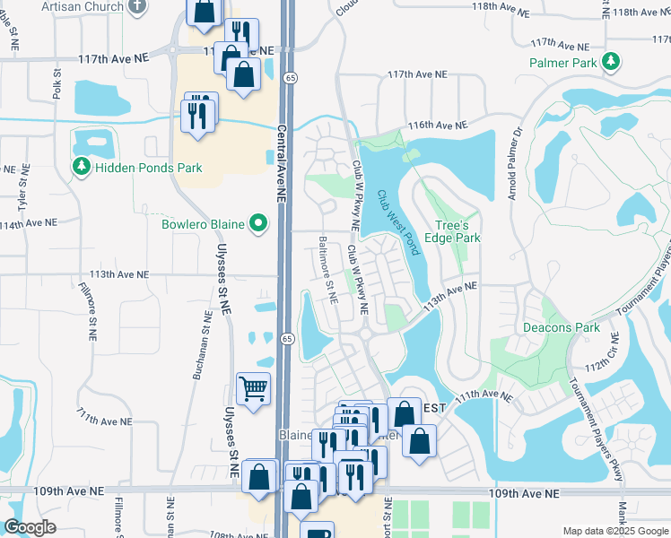 map of restaurants, bars, coffee shops, grocery stores, and more near 11358 Chisholm Circle Northeast in Blaine
