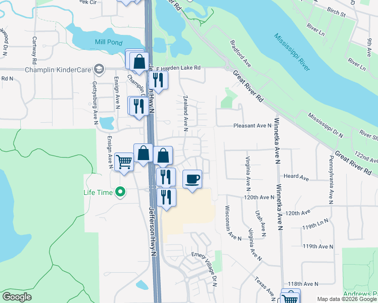 map of restaurants, bars, coffee shops, grocery stores, and more near 8474 121st Avenue North in Champlin