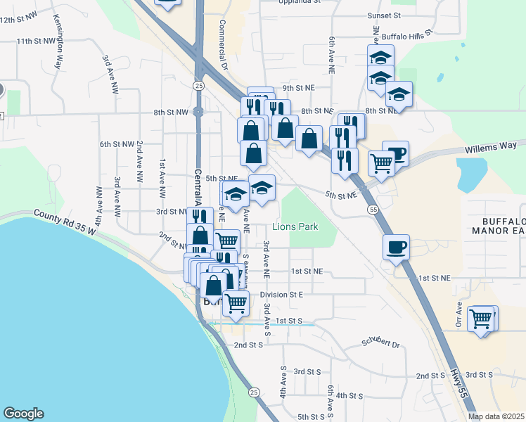 map of restaurants, bars, coffee shops, grocery stores, and more near 207 3rd Street Northeast in Buffalo