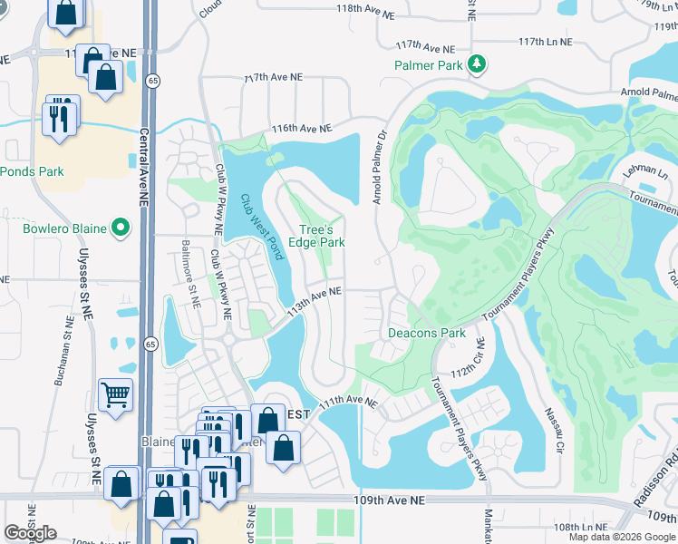 map of restaurants, bars, coffee shops, grocery stores, and more near 1725 113th Lane Northeast in Minneapolis