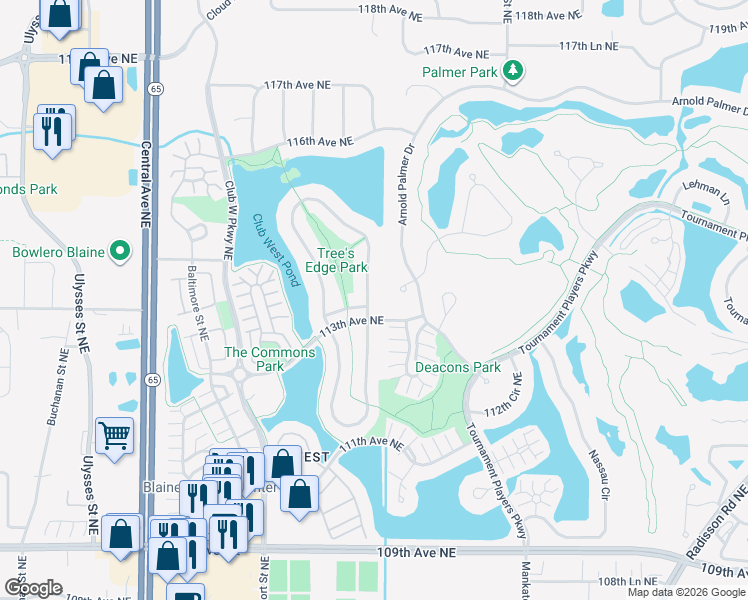 map of restaurants, bars, coffee shops, grocery stores, and more near 11317 Hastings Street Northeast in Blaine