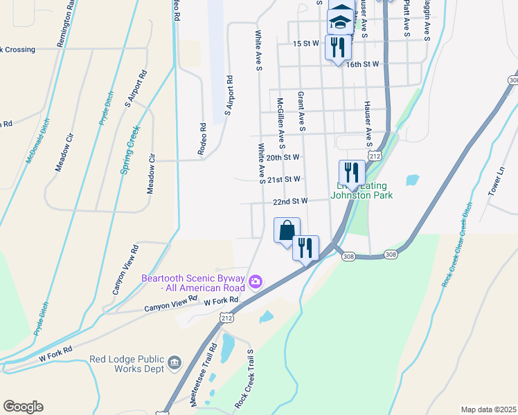 map of restaurants, bars, coffee shops, grocery stores, and more near 1120 South Edick Avenue in Red Lodge