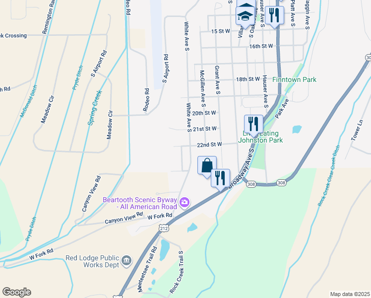 map of restaurants, bars, coffee shops, grocery stores, and more near 1120 South Edick Avenue in Red Lodge