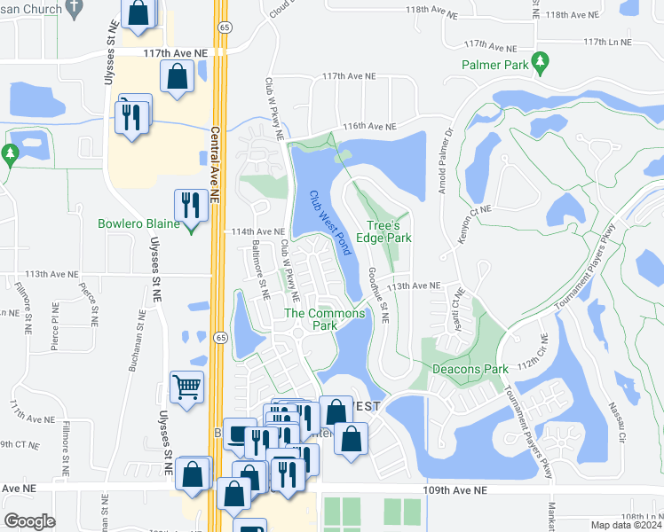 map of restaurants, bars, coffee shops, grocery stores, and more near 11353 Fergus Street Northeast in Blaine