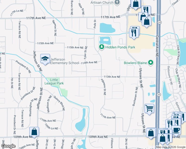 map of restaurants, bars, coffee shops, grocery stores, and more near 961 113th Avenue Northeast in Blaine