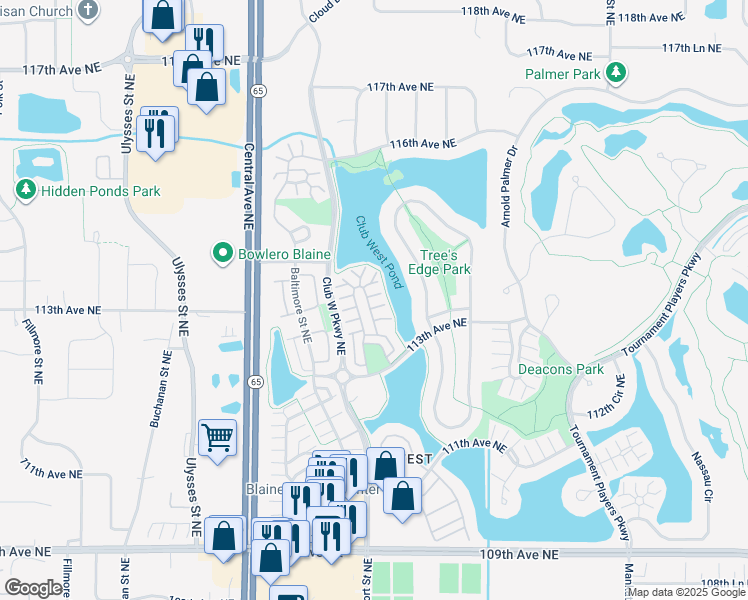 map of restaurants, bars, coffee shops, grocery stores, and more near 11363 Fergus Street Northeast in Blaine