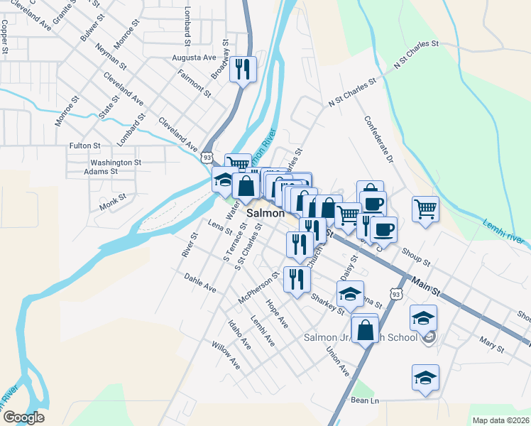 map of restaurants, bars, coffee shops, grocery stores, and more near in Salmon