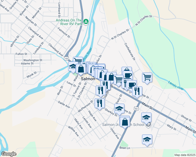 map of restaurants, bars, coffee shops, grocery stores, and more near 522 Main Street in Salmon