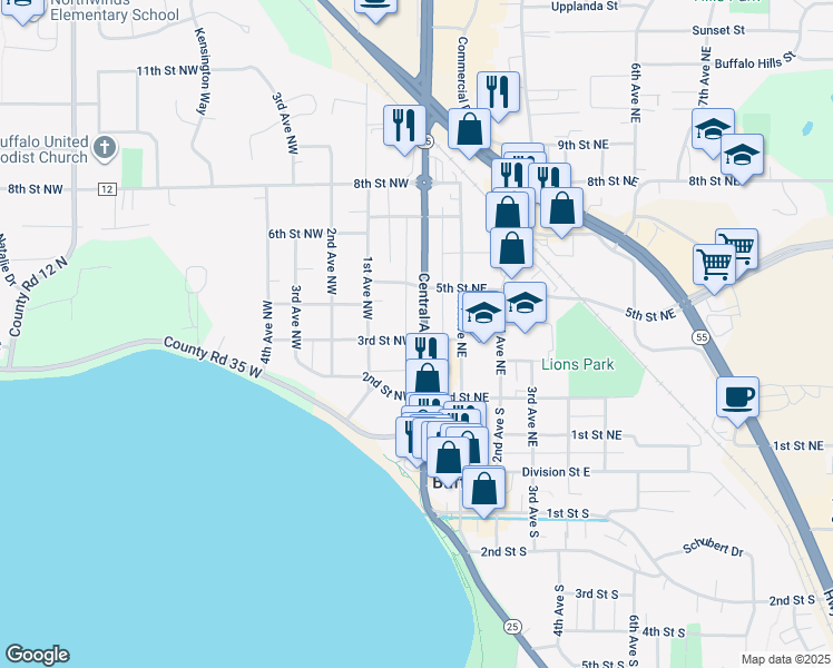 map of restaurants, bars, coffee shops, grocery stores, and more near 301 Central Avenue in Buffalo