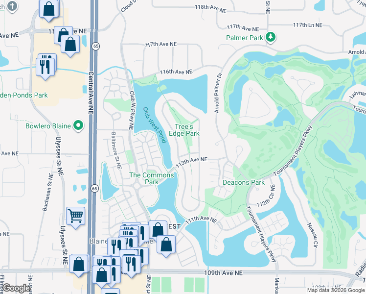 map of restaurants, bars, coffee shops, grocery stores, and more near 11335 Goodhue Street Northeast in Minneapolis