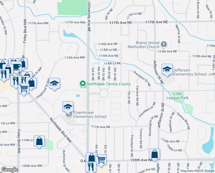 map of restaurants, bars, coffee shops, grocery stores, and more near 113th Circle Northeast in Blaine