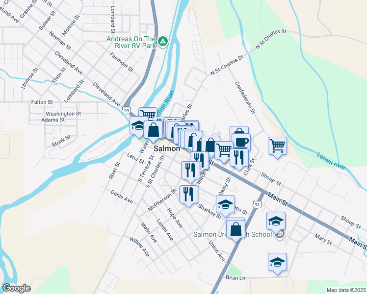 map of restaurants, bars, coffee shops, grocery stores, and more near 510 Main Street in Salmon