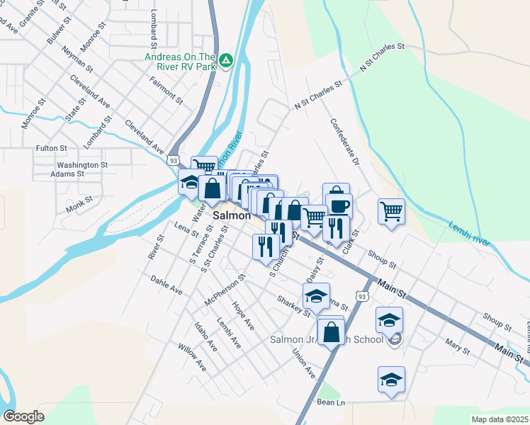 map of restaurants, bars, coffee shops, grocery stores, and more near 510 Main Street in Salmon