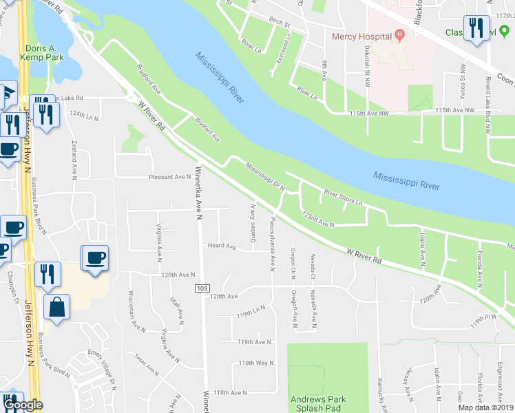 map of restaurants, bars, coffee shops, grocery stores, and more near 1503 Quebec Avenue North in Champlin