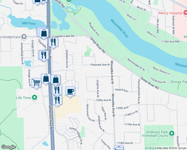 map of restaurants, bars, coffee shops, grocery stores, and more near 820 Ludwig Avenue North in Champlin