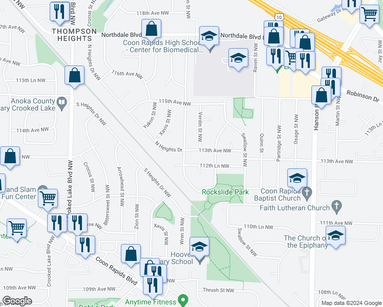 map of restaurants, bars, coffee shops, grocery stores, and more near 2348 113th Avenue Northwest in Coon Rapids