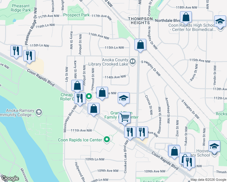 map of restaurants, bars, coffee shops, grocery stores, and more near 2980 113th Avenue Northwest in Coon Rapids