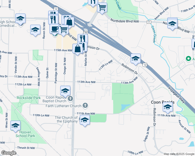 map of restaurants, bars, coffee shops, grocery stores, and more near 1841 113th Avenue Northwest in Coon Rapids