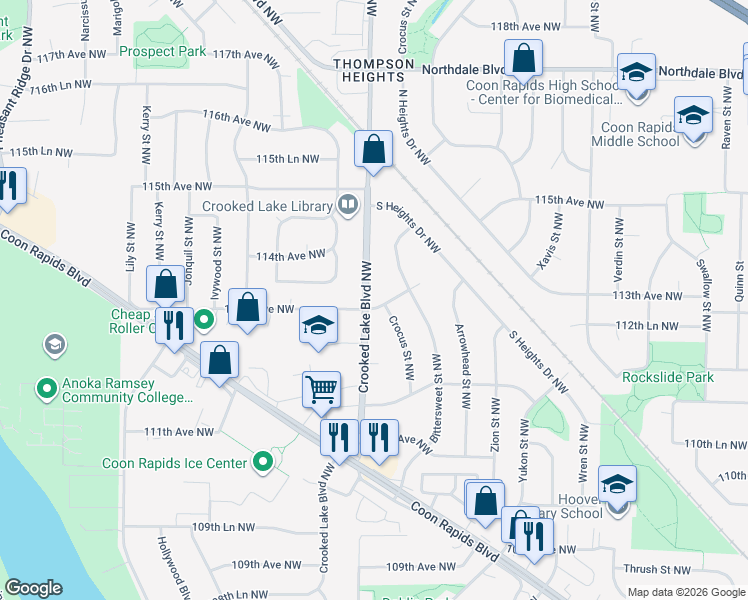 map of restaurants, bars, coffee shops, grocery stores, and more near 11256 Crocus Street Northwest in Coon Rapids