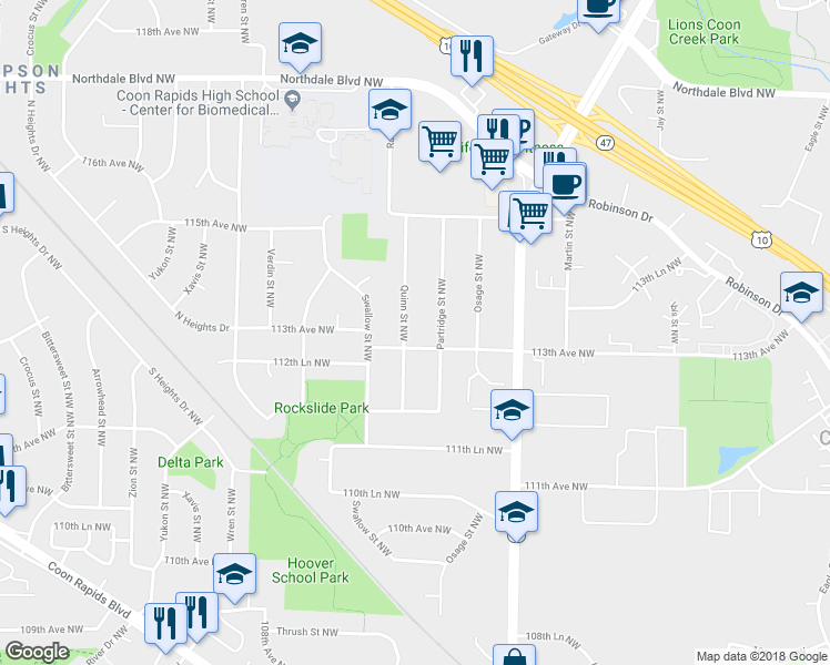map of restaurants, bars, coffee shops, grocery stores, and more near 11309 Quinn Street Northwest in Minneapolis