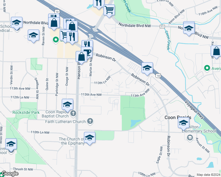 map of restaurants, bars, coffee shops, grocery stores, and more near 1841 113th Avenue Northwest in Coon Rapids