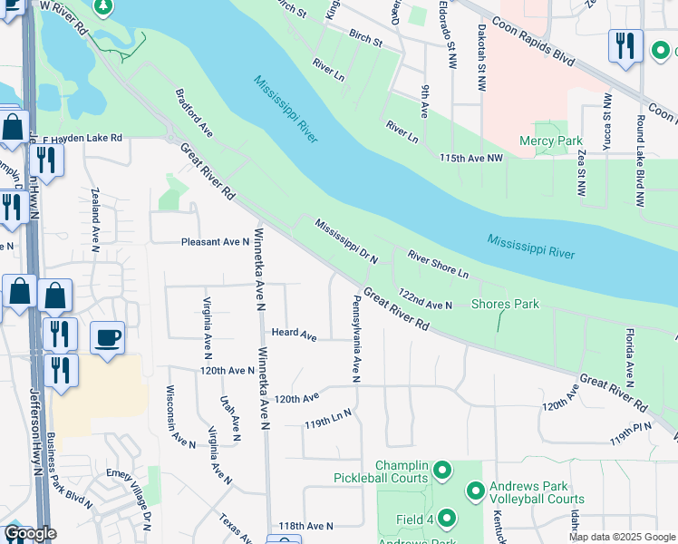 map of restaurants, bars, coffee shops, grocery stores, and more near 1503 Quebec Avenue North in Champlin