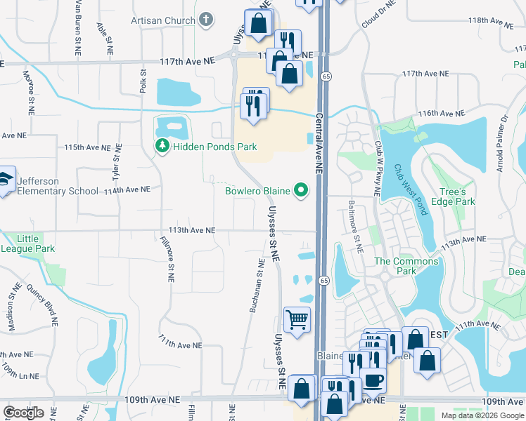 map of restaurants, bars, coffee shops, grocery stores, and more near 11361 Johnson Street Northeast in Blaine