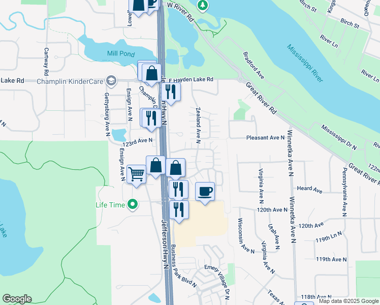 map of restaurants, bars, coffee shops, grocery stores, and more near 8555 122nd Avenue North in Champlin