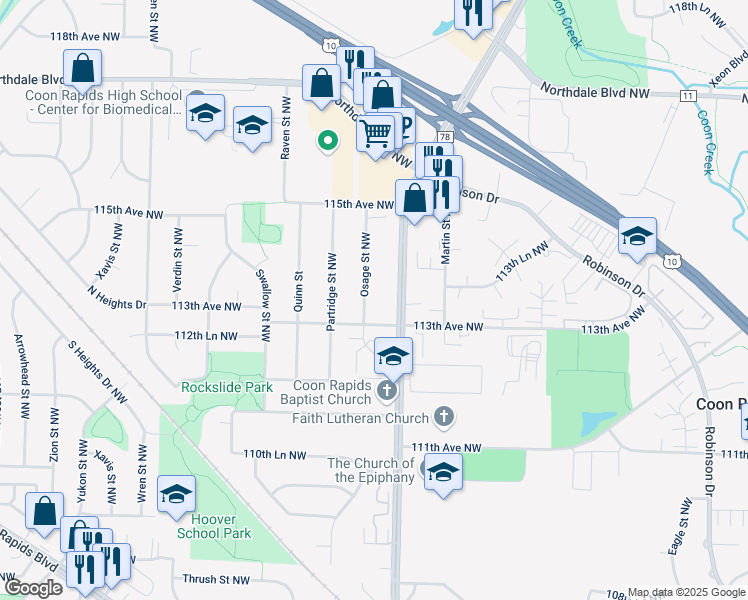 map of restaurants, bars, coffee shops, grocery stores, and more near 11340 Osage Street Northwest in Coon Rapids
